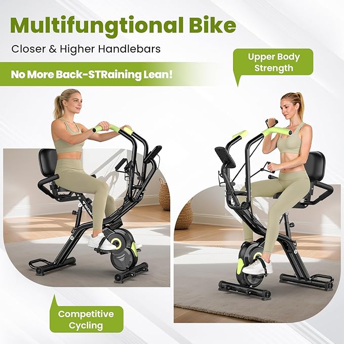 Foldable Exercise Bike, Multifunctional Indoor Stationary Bikes for Home with 8-Level Magnetic Resistance, Quiet Workout Bike with Arm Resistance Bands, LCD Monitor, 300LBS Capacity