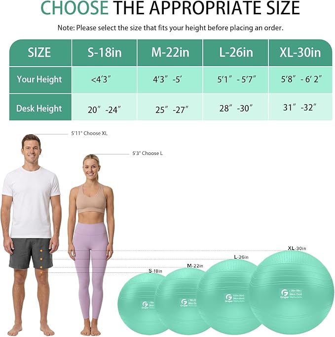 Gruper Yoga Ball, Extra Thick Non Slip Exercise Ball for Workout, Birthing, Balance, Stability, Pregnancy, 4 Sizes Anti Burst Chair for Home and Office, Includes Quick Pump & Fitness Guide