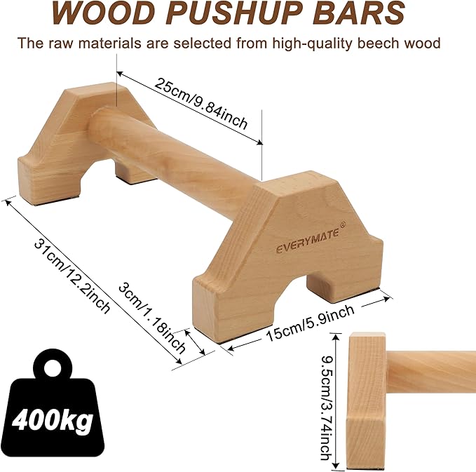 EVERYMATE Wood Push Up Bars Parallettes Bars with Rubber Feet, Anti-slip Handstand Bars for Calisthenics, Equipment for Home, Push Up Handles for Floor, Handstand Push Up Handles, Support 600 LB