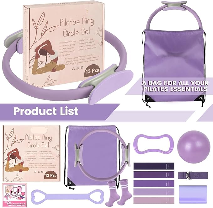 JITUIHOM Home Pilates Essentials Kit for Women - Complete Pink Equipment Set with 9 Inch Yoga Ball, Figure 8 Resistance Band, Bands & Accessories, Ring for Beginners Workouts