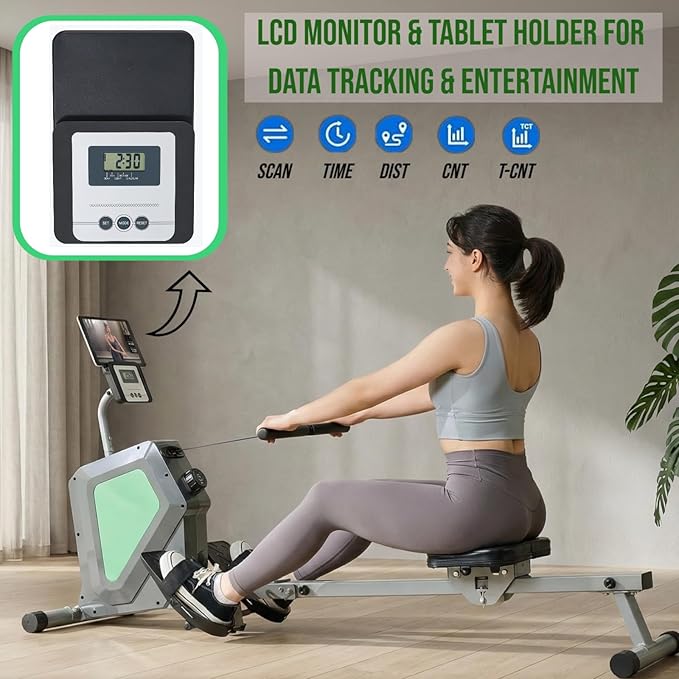 Magnetic Rowing Machine for Home, Quiet Foldable Rower with 8-Level Resistance, LCD Monitor & Tablet Holder, Full-Body Low-Impact Cardio Workout Equipment (SRM2000)