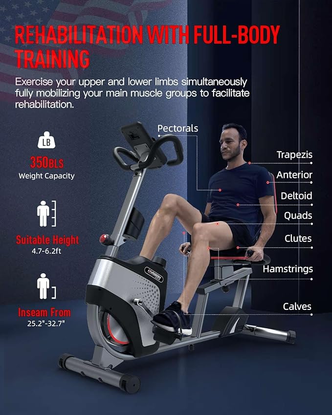 HARISON Exercise Bike 400 lbs Capacity, Easy Assembly Magnetic Recumbent bike for Adult and Seniors with Arm Exerciser , Recumbent Stationary bike for Home, 2 in 1 LCD Monitor and Tablet Holder (Same-day Shipping service）