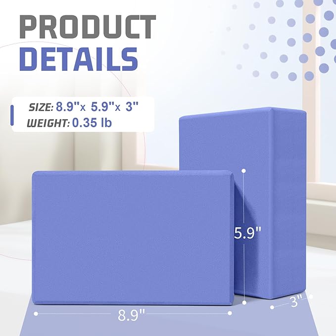 2 Pack 3"x6"x9" EVA Foam Yoga Block Supportive Latex-Free, Non-Slip Exercise Blocks for Pilates, Meditation, Balance, Stretching and Deep Poses