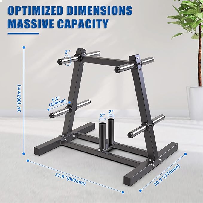 Kipika Weight Plate Tree Rack, Weight Holder for 2 inch Olympic Weight Plate & 2 Barbell Holders, Heavy Duty Bumper Plate Storage Organizer for Home Gym with Optional Wheels