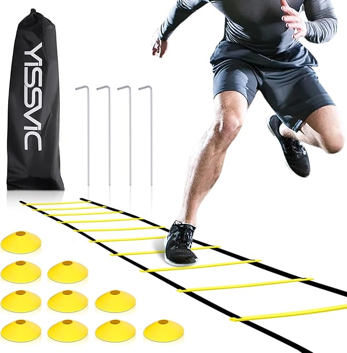 YISSVIC Agility Ladder and Cones 20 Feet 12 Adjustable Rungs Fitness Speed Training Equipment,1 Carry Bags, 10 Cones, 4 Stakes, Basketball, Soccer