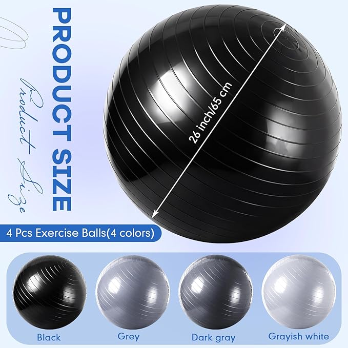 Leyndo 4 Pcs 26 Inch Yoga Exercise Ball Pilates Pregnancy Birthing Fitness Ball with Quick Pump Anti Burst for Improved Posture, Balance, Yoga, Pilates, Training