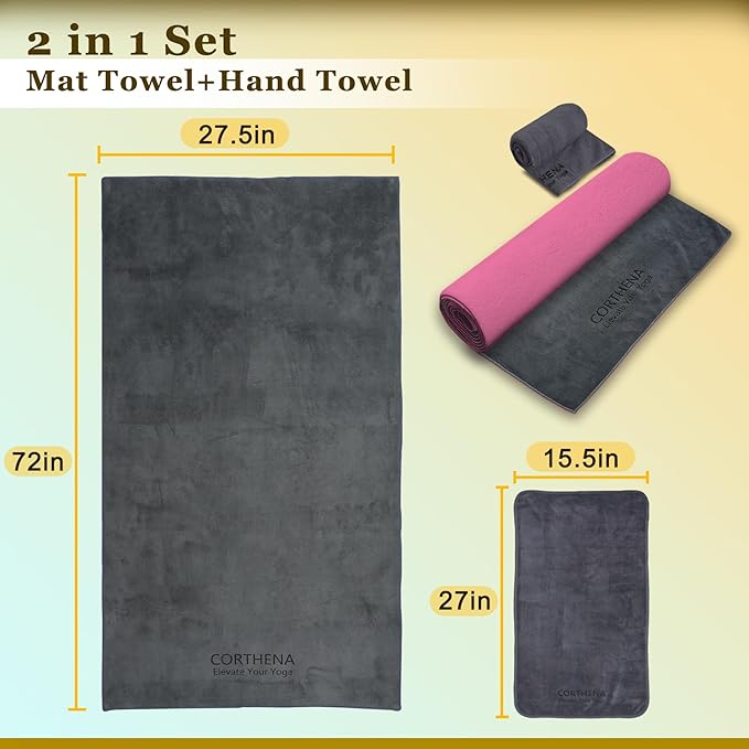 Yoga Mat Towel with Hand Towel, Extra Thick (600GSM) Soft Hot Yoga Towel, Non-Slip and Sweat Absorbent for Hot Yoga, Bikram, Pilates, and Fitness, 72" x 27.5", Dual-Color, Grey/Pink