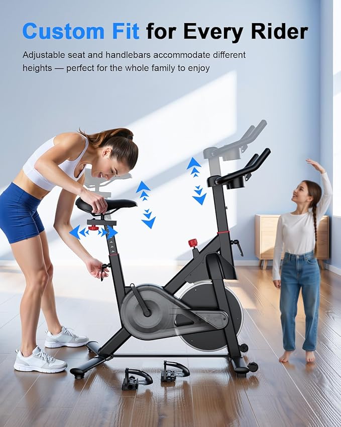 Superun Exercise Bike, Stationary Bikes for Home with Brake Pad, Low Noise Spin Bike with 300LBS Weight Capacity, Indoor Cycling for Home Gym with Pad Mount LCD Monitor and Cup Holder