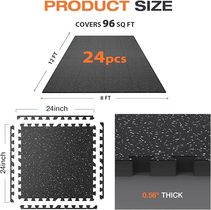0.56'' Thick 24 Pcs 96 Sq Ft Non-Slip Rubber Top Exercise Equipment Mats, High Density EVA Foam Mats with Rubber Top, Interlocking Puzzle Gym Flooring for Home Gym, Workout Floor Mats, Black