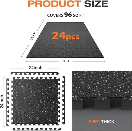 0.56'' Thick 24 Pcs 96 Sq Ft Non-Slip Rubber Top Exercise Equipment Mats, High Density EVA Foam Mats with Rubber Top, Interlocking Puzzle Gym Flooring for Home Gym, Workout Floor Mats, Black
