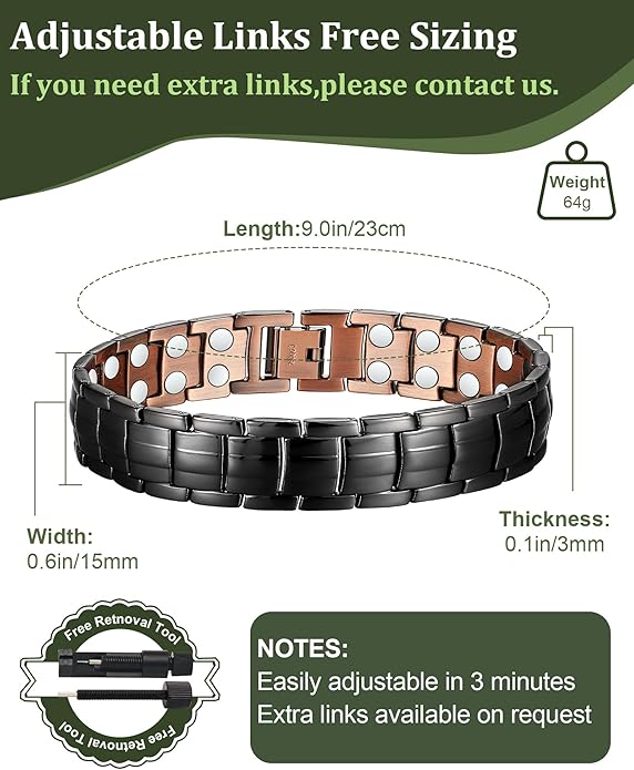 Copper Magnetic Bracelet for Men, 2X Strength 99.99% Pure Copper Bracelet with Powerful Magnets and Sizing Tool