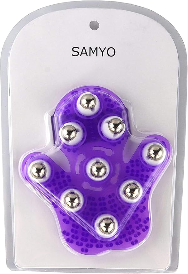 SAMYO Palm Shaped Massage Glove Body Massager with 9 360-degree-roller Metal Roller Ball Beauty Body Care (Purple)