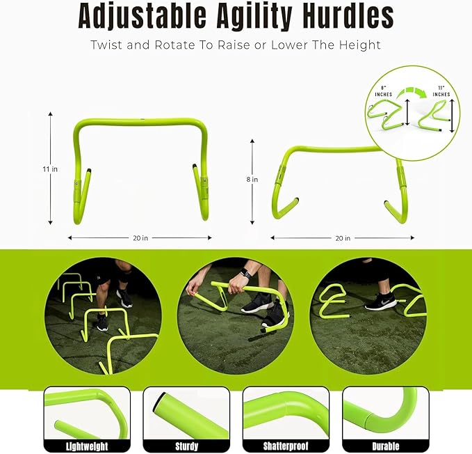 Complete Agility Ladder Training Set - 20ft Speed Ladder, 6 Adjustable Hurdles, 20 Cones, 5 Resistance Bands, 2 Speed Training Parachutes, Jump Rope, Nylon Carry Bag & Stakes