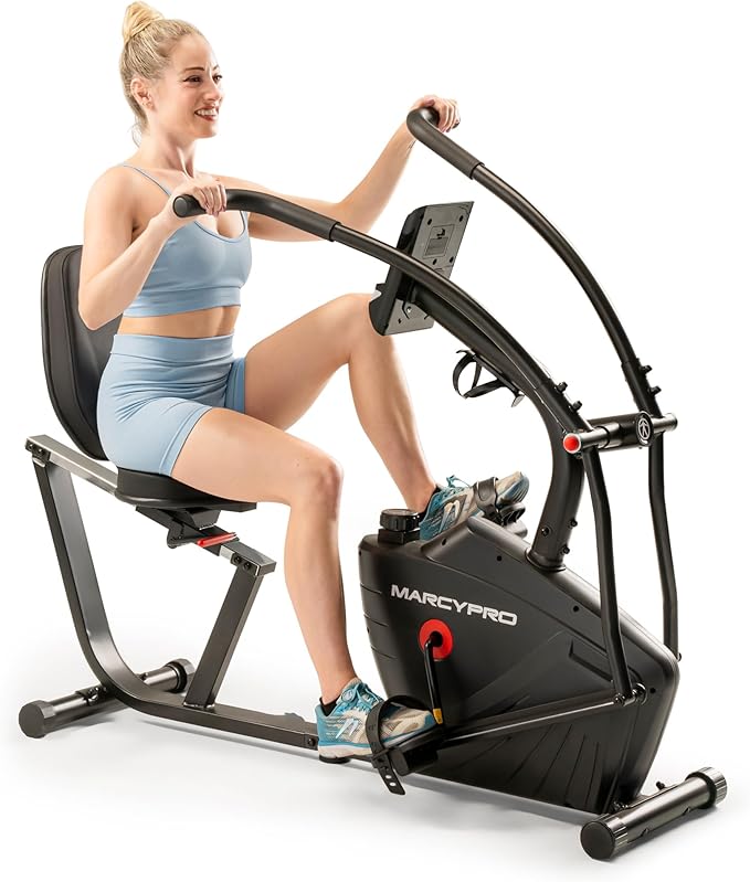 Marcy Dual Action Cross Training Recumbent Exercise Bike with Arm Exercisers, Gym Equipment for Work from Home Fitness, Black JX-7301
