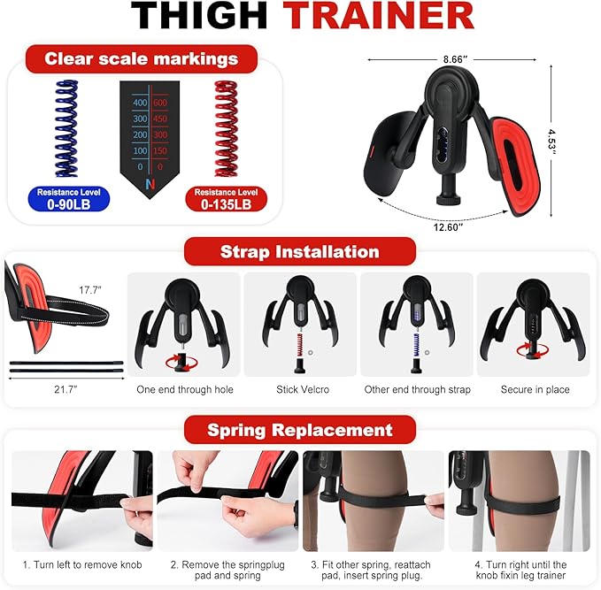 Thigh Trainer, 10-135LB Adjustable Resistance Inner Thigh Exerciser, Pelvic Floor Muscle Repair with Leg Strap, Workout Kegel Exercise Equipment for Shaping, Yoga, Weight Loss Home Gym