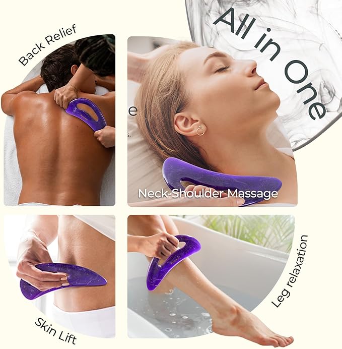 Scienlodic Gua Sha Massage Tool with Handle (Resin) Larger Guasha Body Scraping Tool for Back Legs Neck Massage, Lymphatic Drainage, Cellulite Remove - Large Dark Purple