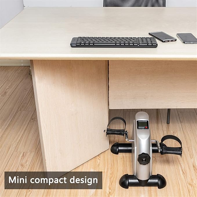 Mini Exercise Bike Pedal Exerciser for Arms & Legs, Portable Under Desk Bike with LCD Monitor, Adjustable Resistance Home Office Fitness Trainer, Compact Hand & Foot Cycle – Silver