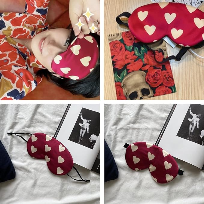 Red Heart Silk Sleep Eye Mask Storage Bag Set Women Adjustable Soft Mulberry Silk Blackout Eye Cover for Yoga Travel Nap Head Mounted