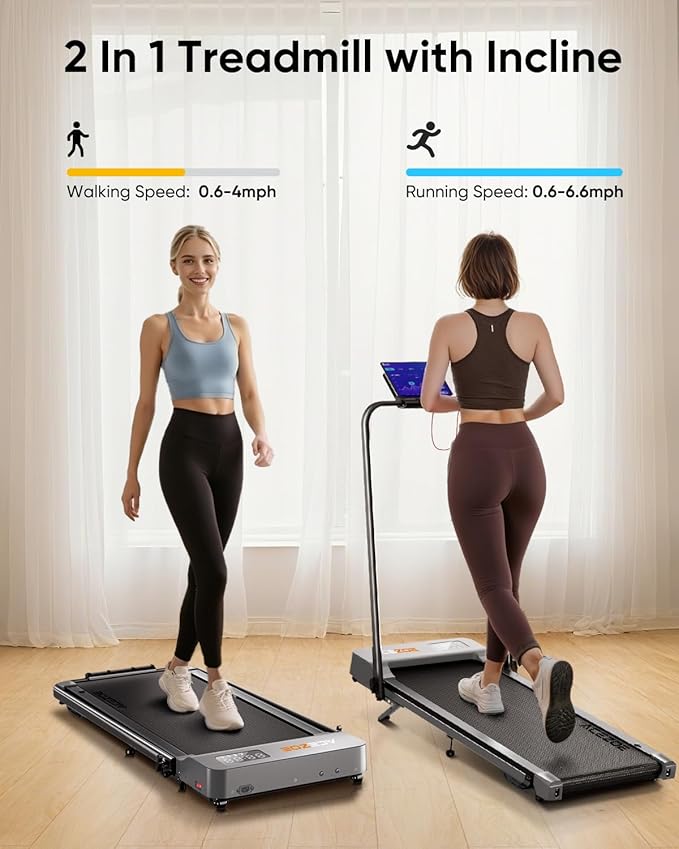 Walking pad Treadmill with Incline & Handle Bar, Folding Treadmill for Home Small Spaces, Compact Portable Under Desk Treadmill,Dual LED Display, 2.5Hp Quiet Running pad, APP, 300 lbs Capacity