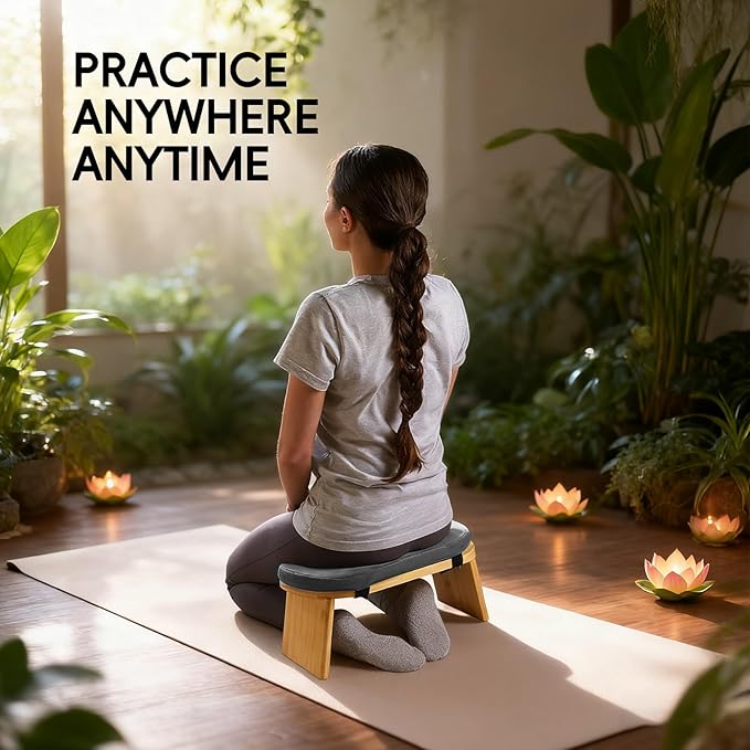 Natural Beech Wood Yoga Bench, Ergonomic Design for Kneeling, Meditation, Pilates, FSC Certified (Gray)