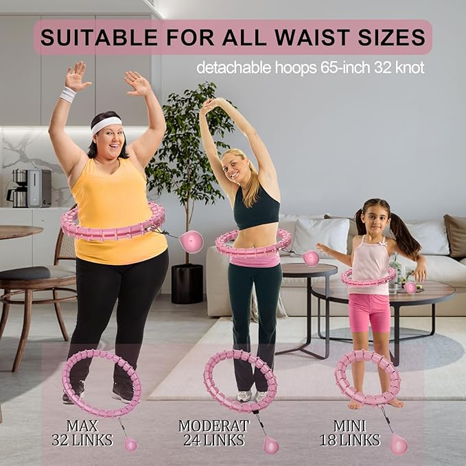 Plus Size Silent Weighted Hula Infinity Fitness Detachable Hoops 65-Inch 32 Knot, Smart Noiseless Infinity Hula for Women, 2-in-1 Waist and Abdominal Home Workout Equipment