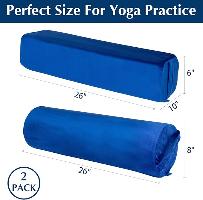 2-Pack Yoga Bolster Pillow Set: Rectangular & Cylinder Pillows for Meditation and Support, Yoga Pillows with Washable Velvet Cover, Triple-Layer Sponge with Carry Handle, Blue