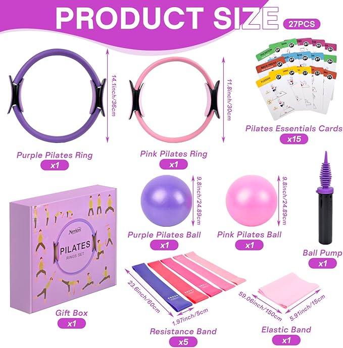 Pilates Ring Ball Equipment Kit - 27Pcs, 12" & 14" Magic Circle Workout Rings, 9.8" Exercise Balls, Workout Cards, Resistance Bands, Women Yoga Essentials Set for Beginners, Home Reformer Accessories