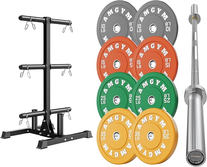 Weight Plate Tree Rack & Weight Set, Strength Training Plate Storage Stand and Barbell Holders for Home Gym, 1100 lb Weight Capacity, Fits Both 1" and 2" Bumper Plates