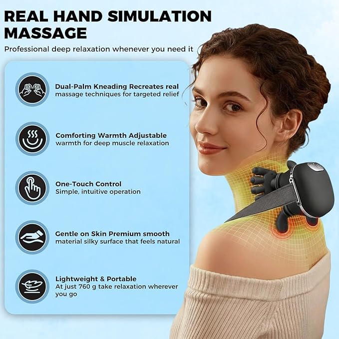 Shoulder & Neck Massager with Heat, 4D Bionic Heated Neck Massager with Fingers Simulates a Real Palm Massage for Comfort, 3 Intensity Levels + 2 Heat Settings Relax Muscle Tension