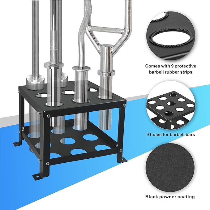 Barbell Holder Floor Stand - Heavy Duty Home Gym Organizer for 9 Barbells - Fits 2-inch Olympic & Curl Bars
