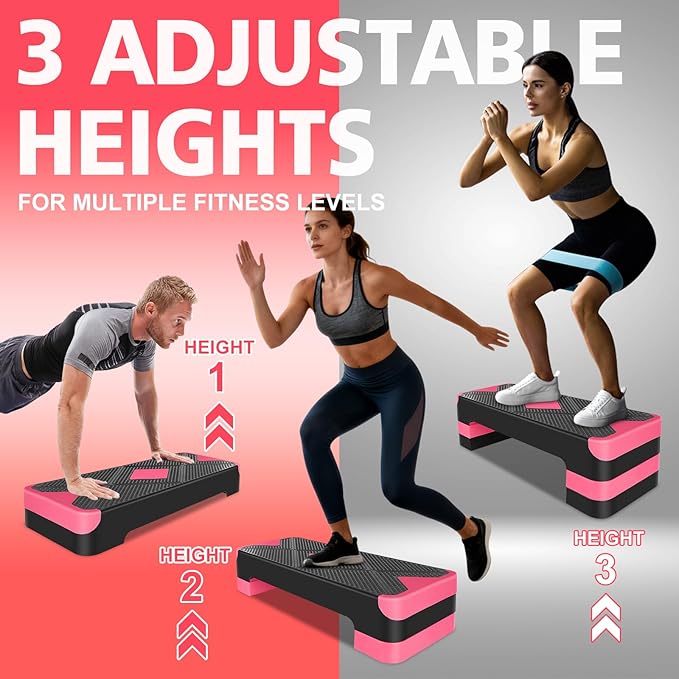 MIUDGIG 27" Exercise Workout Aerobic Step Platform Trainer, Adjustable Fitness 4-6-8in Exercise Stepper Workout with 4 Risers, Aerobics Stepper Workout Stepper for Home Gym Cardio Strength & Training