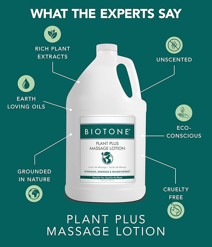 BIOTONE Plant Plus Massage Lotion- Eco-Conscious, Earth-Loving Oils, Plant-Based Ingredients, Kind to The Planet, Versatile for All Modalities, Customizable, Smooth, Silky, Optimum Glide. (128 OZ)