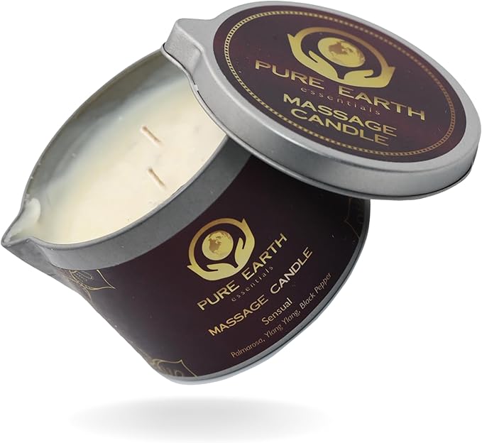 Sensual Massage Candle - Melts to Silky Oil - Skin Moisturizing Candle Massage Oils for Date Night (160 Grams or 6 oz.) - with Palmarosa, Ylang Ylang, Black Pepper by PURE EARTH essentials