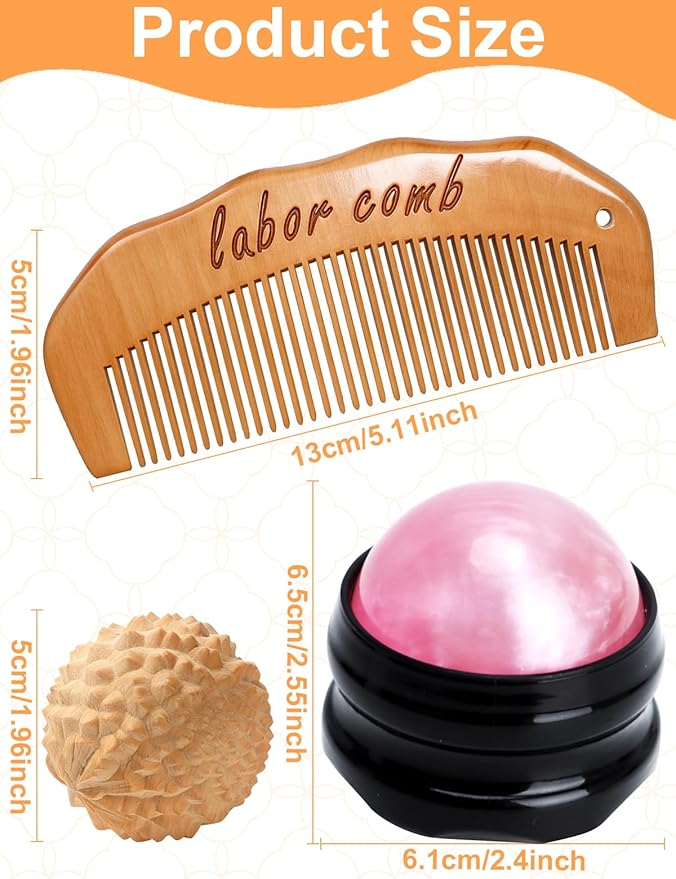 Wooden Labor Comb Birth Comb Massage Ball Acupressure Ball Massage Roller Ball Kit for Women Labor and Delivery Essentials,Designed for Expectant Moms,Labor Pain Relief, Midwife Essential
