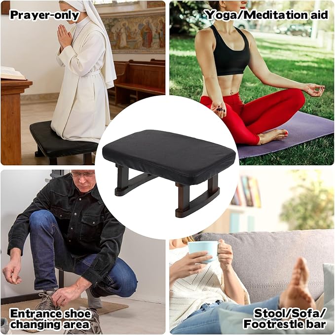 Walnut Prayer Kneeler with Thick Attached Cushion, Wooden Prayer Bench with Removable Washable Fabric Cover, Sturdy Kneeling Stool for Home Prayer and Meditation