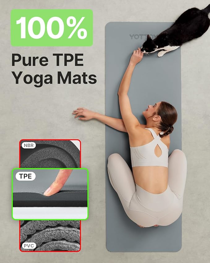 Yoga Mat,Non-Slip TPE Exercise Mat(1/4 Inch) for Pilates, Fitness & Barefoot Workouts, Home Gym Studio with Strap & Bag