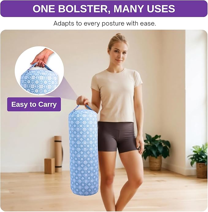 Yogikuti Iyengar Yoga Bolster for Restorative Yoga and Meditation – Lightweight Cotton Support Pillow with Handle for Easy Carry, Versatile for Pose Modification, Balance, Back Relief, and Relaxation