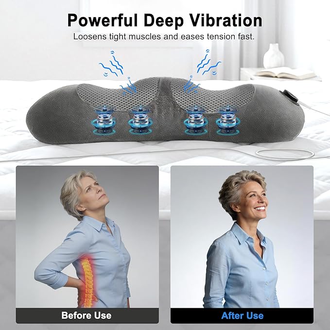 Triple Fusion Back Massager with Heat, Vibration and Smart Lift Support, Triple Fusion Massager with Ergonomic Memory Foam for Comfort and Relaxation, Ideal for Bed and Office Chair, Black