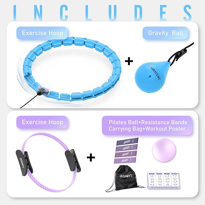 Weighted Hula Infinity Hoop & Pilates Ring Kit Bundle- Infinity Fitness Hoop for Weight Loss Plus Magic Circle, Resistance Bands, and Ball Set- Home Workout Equipment for Abdomen & Full Body Toning