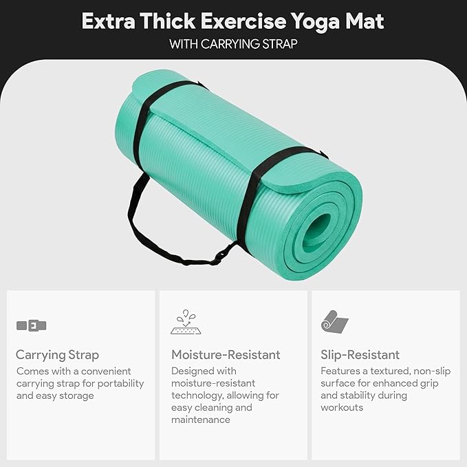 BalanceFrom 71x24 Inches Extra Thick Yoga Mat 1-Inch High-Density Foam – Roll-Up Exercise Pad with Double-Sided Non-Slip Surface and Carrying Strap for Pilates and Home Workouts, Multiple Colors