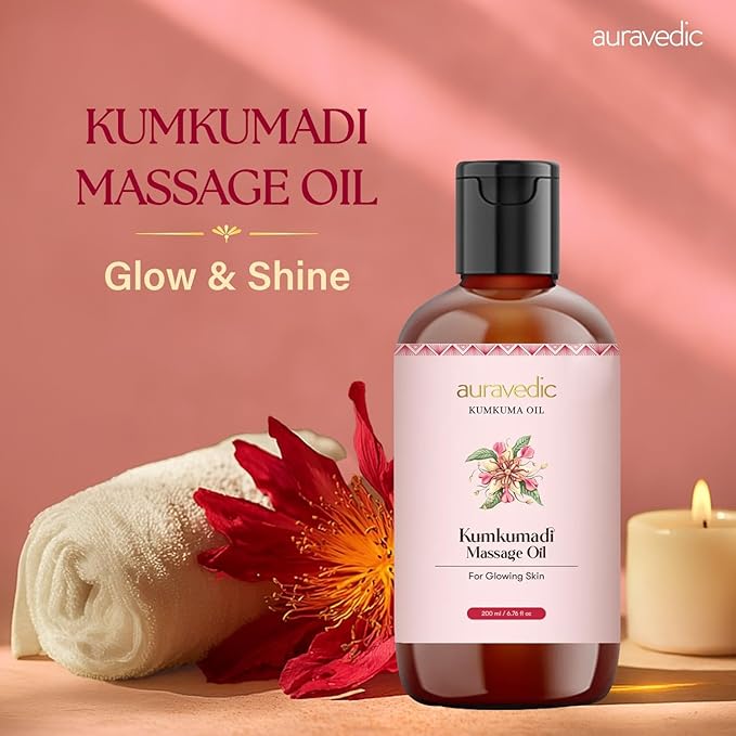 Auravedic Kumkumadi Oil for Face & Body with Saffron | Ayurvedic Massage Oil for Daily Moisturizing | Lightweight, Non-Greasy Hydrating Oil for Men & Women | 6.76 Fl Oz (200ml)