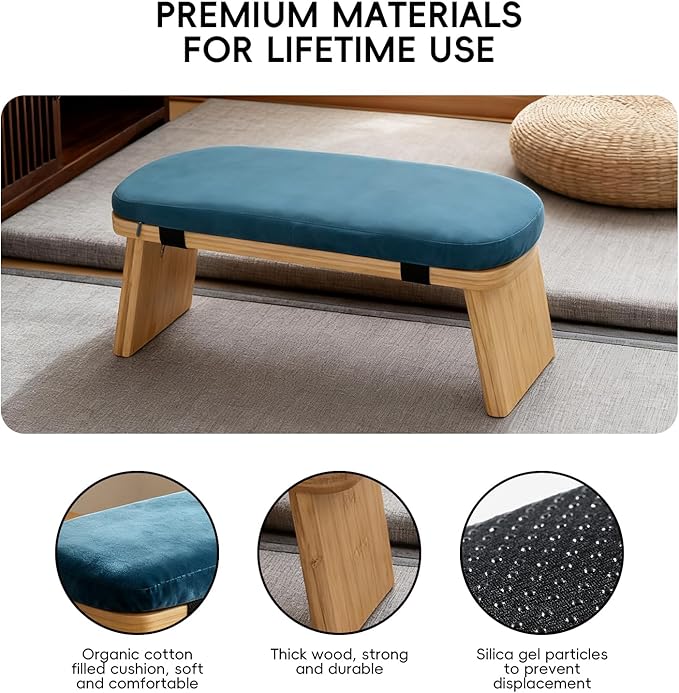 Natural Beech Wood Yoga Bench, Ergonomic Design for Kneeling, Meditation, Pilates, FSC Certified (Blue)