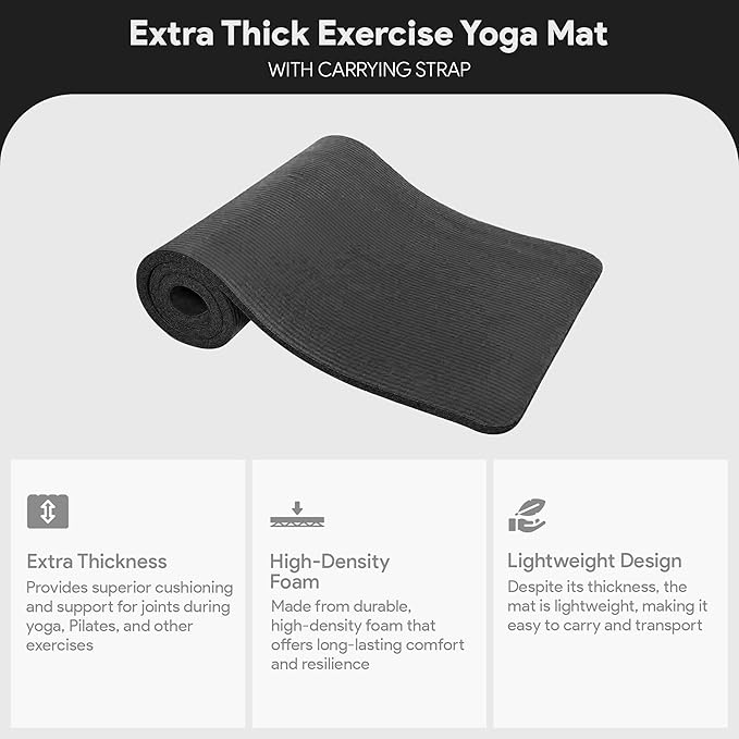 BalanceFrom 71x24 Inches Extra Thick Yoga Mat 1-Inch High-Density Foam – Roll-Up Exercise Pad with Double-Sided Non-Slip Surface and Carrying Strap for Pilates and Home Workouts, Multiple Colors