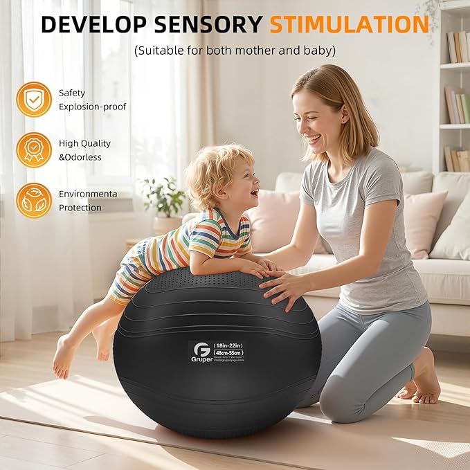 Gruper Yoga Ball, Extra Thick Non Slip Exercise Ball for Workout, Birthing, Balance, Stability, Pregnancy, 4 Sizes Anti Burst Chair for Home and Office, Includes Quick Pump & Fitness Guide
