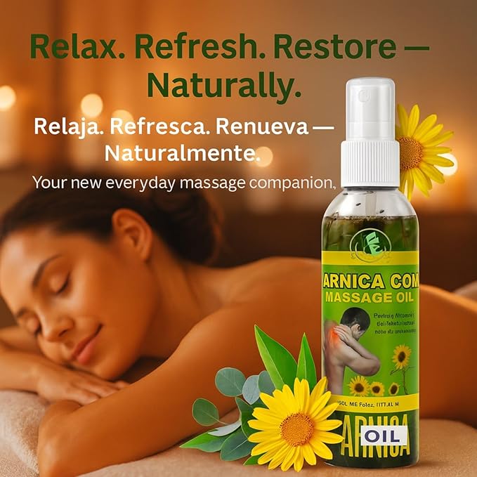 Arnica Sore Muscle Massage Oil(Aceite) – 6 fl oz – Natural Concentrated Body Oil for Muscles, Joints & Massage Therapy – Fast-Absorbing – Fresh Herbal Aroma – Soothing Relief – Daily Use Solution