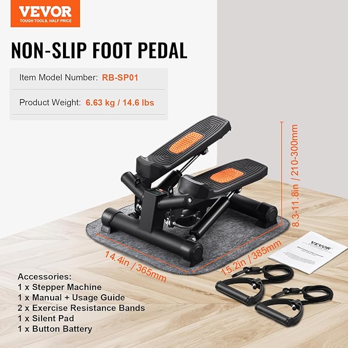 VEVOR Stair Stepper, Mini Stepper for Exercise at Home, Hydraulic Fitness Stepper with Resistance Bands, Full Body Workout Cardio Equipment, Stair Climber