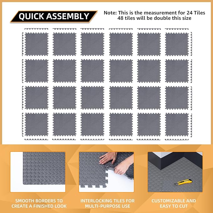 48 Pack - 1/2" Extra Thick Floor Exercise Mat for Home Gym Floor Padding for Kids - High-Density EVA Interlocking Foam Floor Tiles for Gym Equipment, Play Area, Yoga, Cardio, Weights, MMA