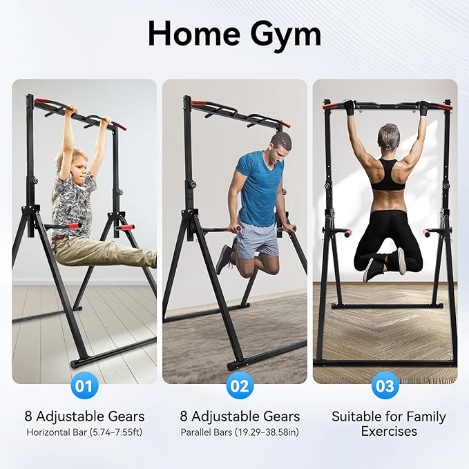 Power Tower Pull Up Dip Station Foldable, Pullup Bar Free Standing Adjustable, Heavy Duty Home Gym Multifunction Strength Training Fitness Equipment for Home Outdoor, 440LBS Capacity