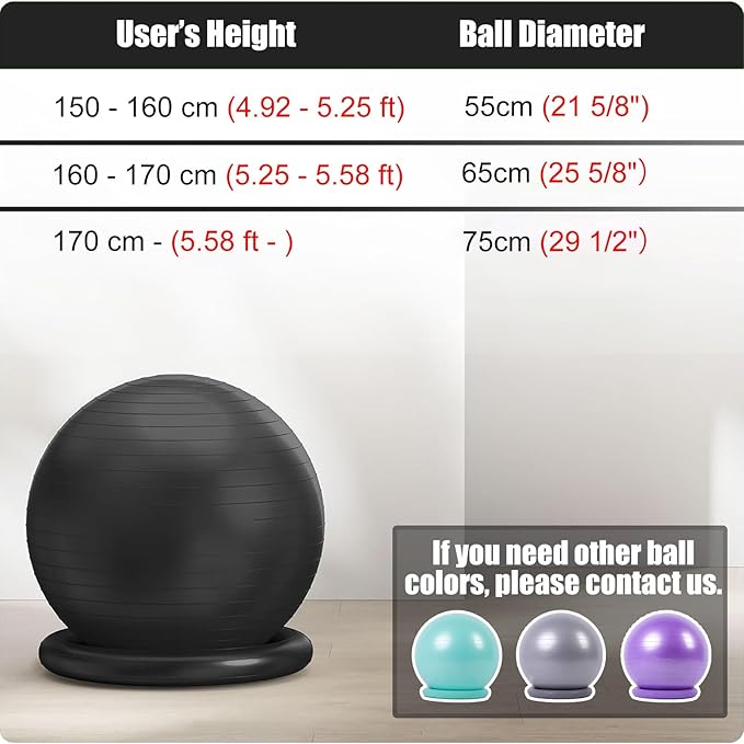 ROYUMI Office Balance Ball Chair for Prolonged Sitting, Ergonomic Chair for Adults Desk with Ring Base, Stability Ball Chair for Relieve Back Pain (Size : 55 cm (21 5/8"))