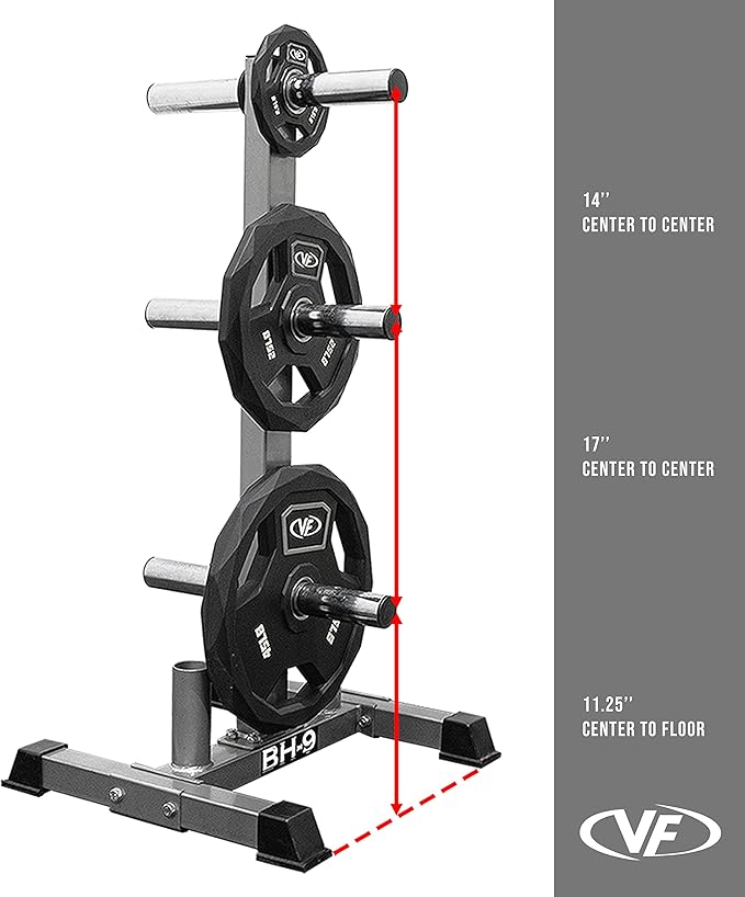 Valor Fitness Weight Plate Rack with Barbell Holders – Heavy-Duty Steel Storage Tree with 6 Pegs and 2 Vertical Bar Sleeves for Standard and Olympic Plates – 800 lb Capacity for Home & Garage Gyms